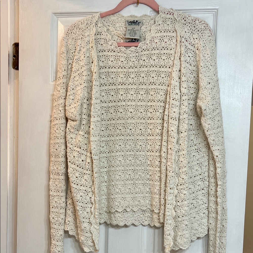 Northern Reflections Cream Crochet Open Cardigan Sweater with Sleeveless Top